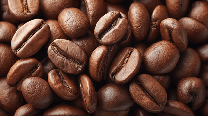 Fototapeta premium Roasted brown coffee beans in a macro close-up, revealing the dark, aromatic seeds ready for a rich beverage