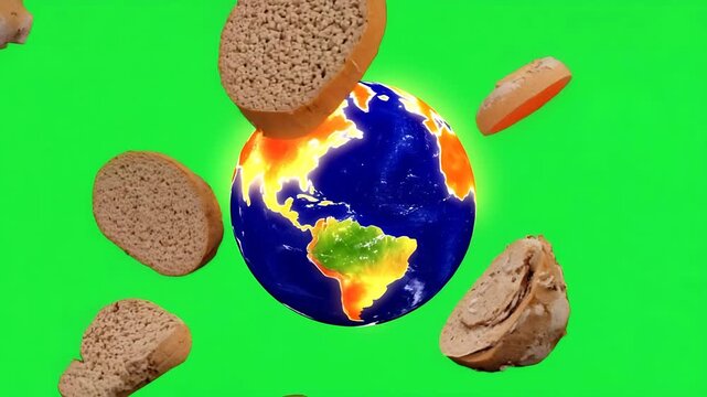 Global Food Security: Earth with Bread Slices on Green Screen Background