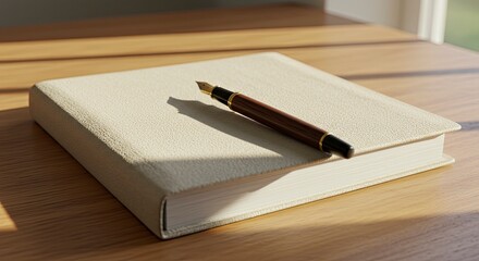 Ivory Textured Journal with Elegant Fountain Pen in Warm Sunlight, Serene Still Life