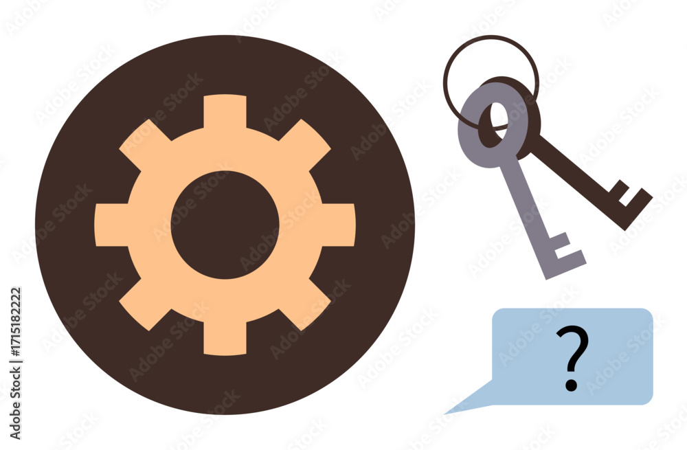Poster gear symbol, paired keys, and a question mark in a speech bubble focus on problem-solving, access, a