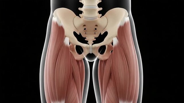 Detailed anatomical illustration of human hip and thigh muscles for education.