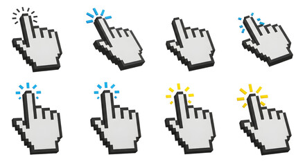 Computer mouse click cursor isolated on white background cursor icon click set. Pixelated 3D hand mouse, hand pointer