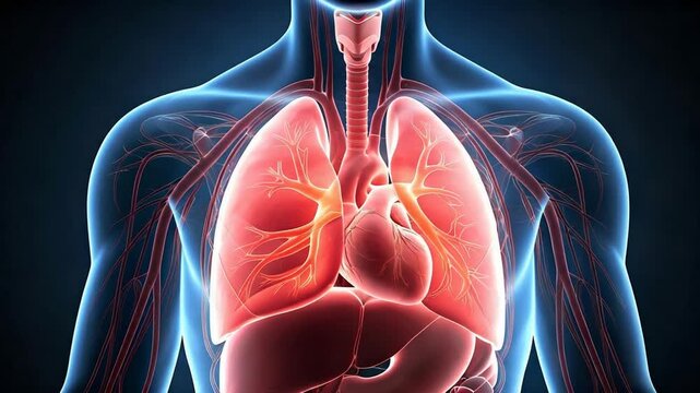 Detailed 3D medical illustration of human respiratory system, showcasing lungs and heart with intricate vascular network, rendered in cool blue and warm red tones against a black background,