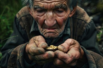 Old Man with Wrinkled Hands Holding a Small Gold Nugget – Emotional Nostalgic Portrait