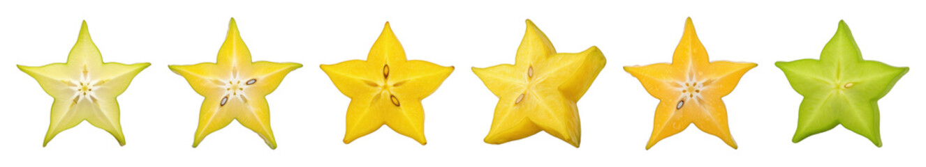 Fototapeta premium Starfruit slices set including green, yellow, and orange ripeness stages isolated. Healthy tropical fruit collection.