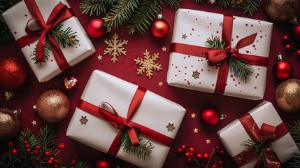 Christmas Background Flat Lay with Mini Gift Boxes, Baubles, Pine Branches, and Golden Stars