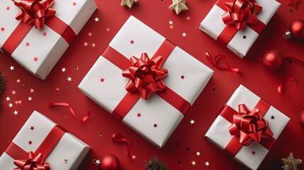 Christmas Background Flat Lay with Mini Gift Boxes, Baubles, Pine Branches, and Golden Stars