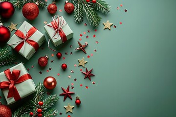 Christmas Background Flat Lay with Mini Gift Boxes, Baubles, Pine Branches, and Golden Stars