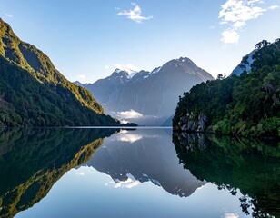 Serene mountain lake mirroring a sunrise