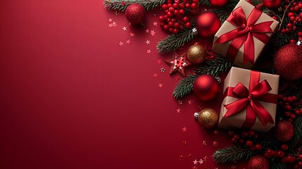 Minimalist Flat Lay Christmas Composition with Gift Boxes and Decorations on Red Background