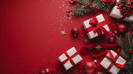 Minimalist Flat Lay Christmas Composition with Gift Boxes and Decorations on Red Background