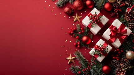 Minimalist Flat Lay Christmas Composition with Gift Boxes and Decorations on Red Background