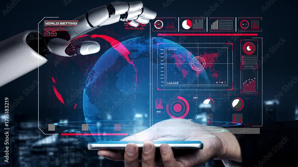 Poster ai-powered global network interface enabling real-time data interaction, virtual assistant support, 