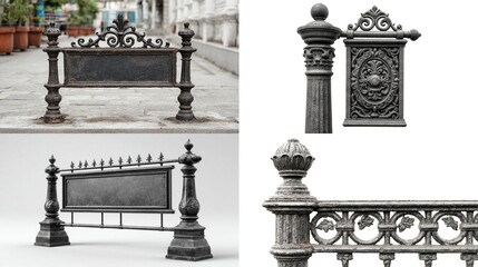 Ornate cast iron sign posts and railings with elegant Victorian-era inspired designs