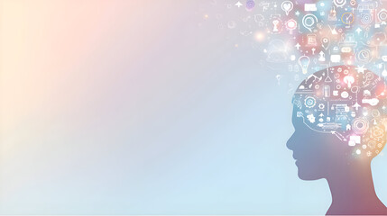 Silhouette of human head with colorful icons flowing out, symbolizing creativity, knowledge, and ideas. Soft, inspiring, ideal for education or innovation use.