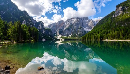 Serene mountain lake reflecting a vibrant sky