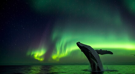 Majestic Humpback Whale Breaching Under Vibrant Aurora Borealis Display