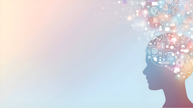 Silhouette of human head with colorful icons flowing out, symbolizing creativity, knowledge, and ideas. Soft, inspiring, ideal for education or innovation use.