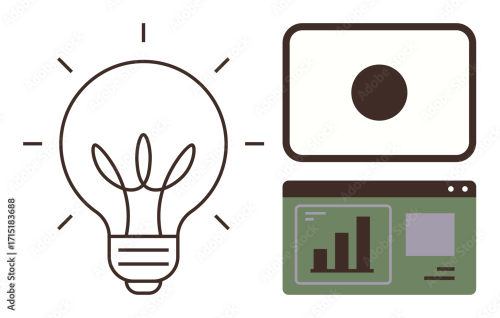 Poster light bulb with glowing effect, presentation screen, and analytics dashboard. ideal for creativity, 