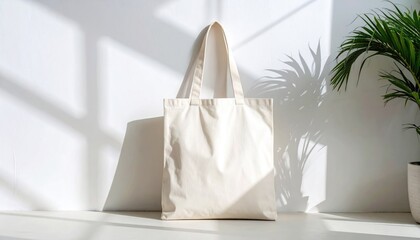 Beige Tote Bag in Golden Hour Light Against Mint Background