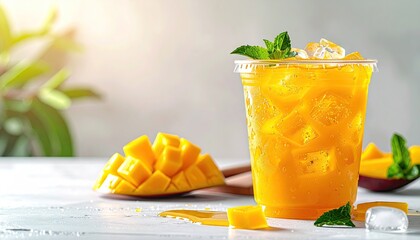 Refreshing Mango Drink with Ice and Mint
