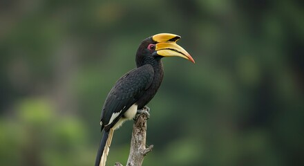 Obraz premium Majestic Rhinoceros Hornbill Perched on Branch, Vibrant Colors, Wildlife Portrait.
