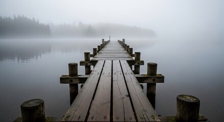 Wooden Pier Extending into Misty Lake on a Foggy Morning.
