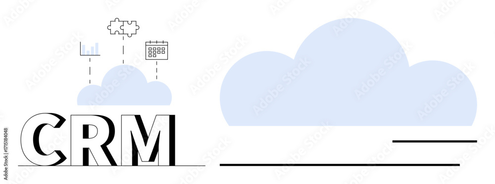 Poster crm text with cloud, charts, and calendar icons symbolizing data management, cloud technology, and o
