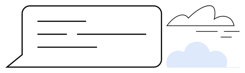 Speech bubble with horizontal lines suggesting text paired with outlined clouds. Ideal for communication, conversation, messaging, simplicity, creativity, thoughts, brainstorming. A minimalist flat
