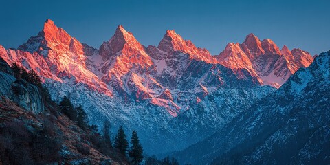 Obraz premium Majestic Snow-capped Peaks at Sunrise with Golden Alpine Glow, Dramatic Mountain Landscape for Adventure Tourism and Wall Art Decor