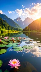 Serene mountain lake with water lilies