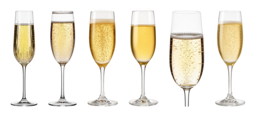 Champagne flute set including six varying styles with sparkling golden beverage isolated. Celebration and luxury drink collection.