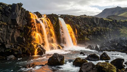 Obraz premium Fiery Waterfall Cascading Down Dark Volcanic Rocks