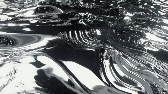 A mesmerizing, seamlessly looping animation of flowing liquid metal with a silver and chrome texture. Abstract waves and ripples move slowly in a dark, minimalist environment. Photorealistic, 8K, stud
