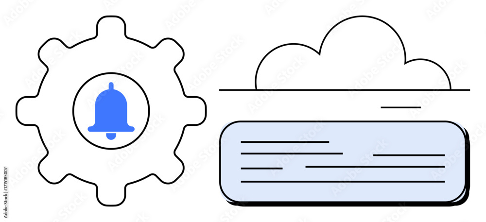 Poster gear with a bell icon alongside a cloud and text box representing notification settings, data synchr