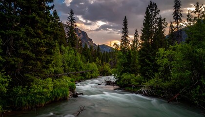 Serene mountain stream at sunset