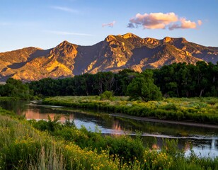 Serene mountain river landscape at golden hour