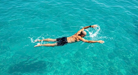 Muscular Swimmer in Turquoise Water, Overhead View, Sunlight, Active Lifestyle.