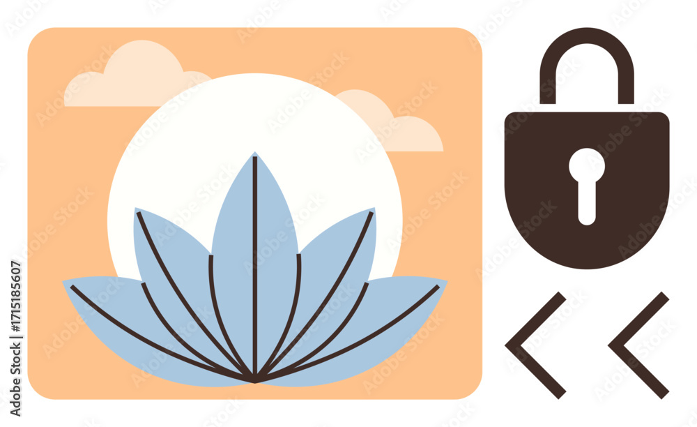 Poster lotus blossom in front of rising sun framed by soft clouds and lock with coding symbols. ideal for w