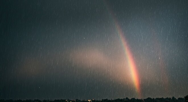 Nightfall's Embrace: A Pale Rainbow Arcing Through a Rain-Swept Sky