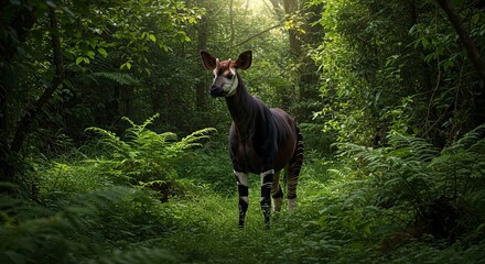 Okapi in Lush Rainforest: Striking Stripes and Verdant Foliage