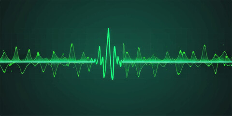 EKG heartbeat graph showing an abstract green cardiogram pulse wave on a medical technology monitor line