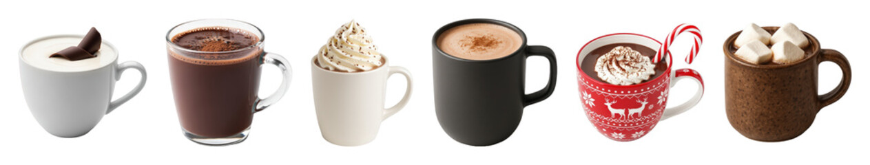 Hot chocolate drink set including various toppings, mug styles, and seasonal accents isolated. Cozy winter beverages and holiday comfort drinks.
