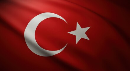 Turkish Flag in the Wind: The national flag of Turkey waves gracefully against a dark background, the white crescent and star standing out prominently. Evoking a sense of patriotism, unity.