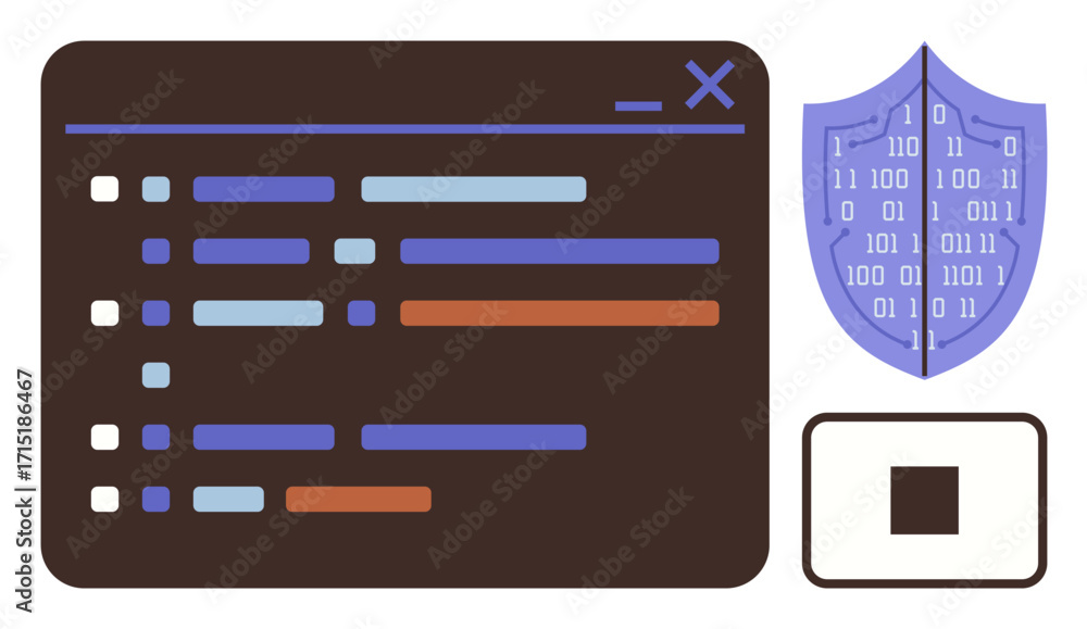 Leinwandbilder code editor interface with colored lines, binary shield emphasizing cybersecurity, rectangular finge