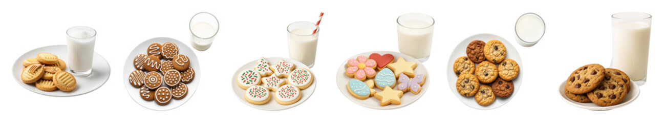 Cookie and milk set including shortbread, gingerbread, decorated, chocolate chip, and oatmeal raisin varieties isolated. Sweet baked goods for holidays and everyday treats.