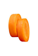 Side view of orange carrot slices in stack isolated with clipping path in png file format