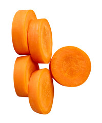 Front view of orange carrot slices in stack isolated with clipping path in png file format