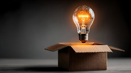 Glowing light bulb inside a cardboard box, symbolizing creativity, innovation, and thinking outside the box.