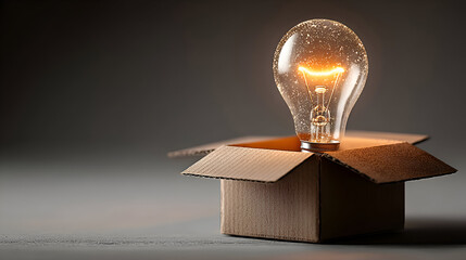 Glowing light bulb inside a cardboard box, symbolizing creativity, innovation, and thinking outside the box.